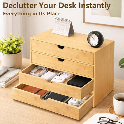 Bamboo Desk Organizer with 2 Drawers, Wooden Countertop Drawers Organizer, Tabletop Storage Organization Box for Office & Home, No Assembly Needed
