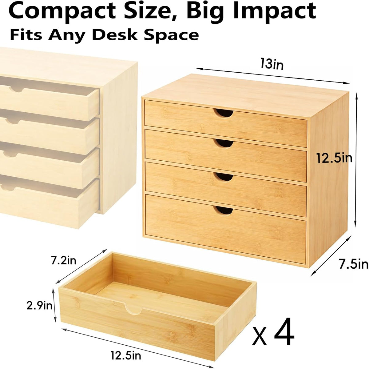 Bamboo Desk Organizer with 2 Drawers, Wooden Countertop Drawers Organizer, Tabletop Storage Organization Box for Office & Home, No Assembly Needed