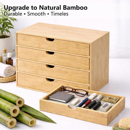 Bamboo Desk Organizer with 2 Drawers, Wooden Countertop Drawers Organizer, Tabletop Storage Organization Box for Office & Home, No Assembly Needed