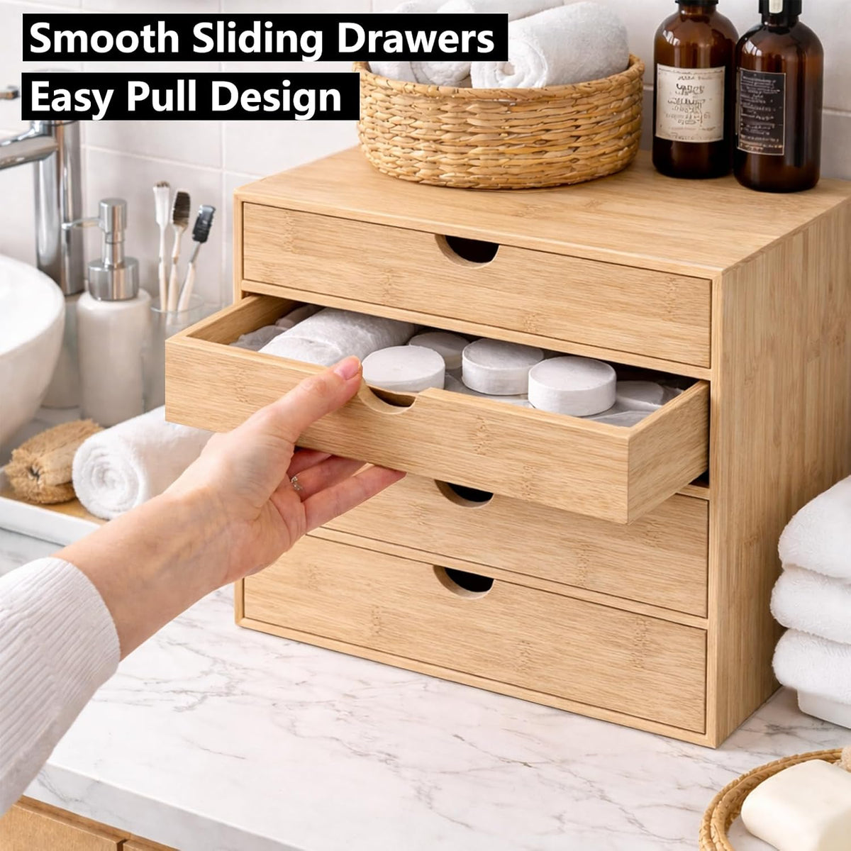 Bamboo Desk Organizer with 2 Drawers, Wooden Countertop Drawers Organizer, Tabletop Storage Organization Box for Office & Home, No Assembly Needed
