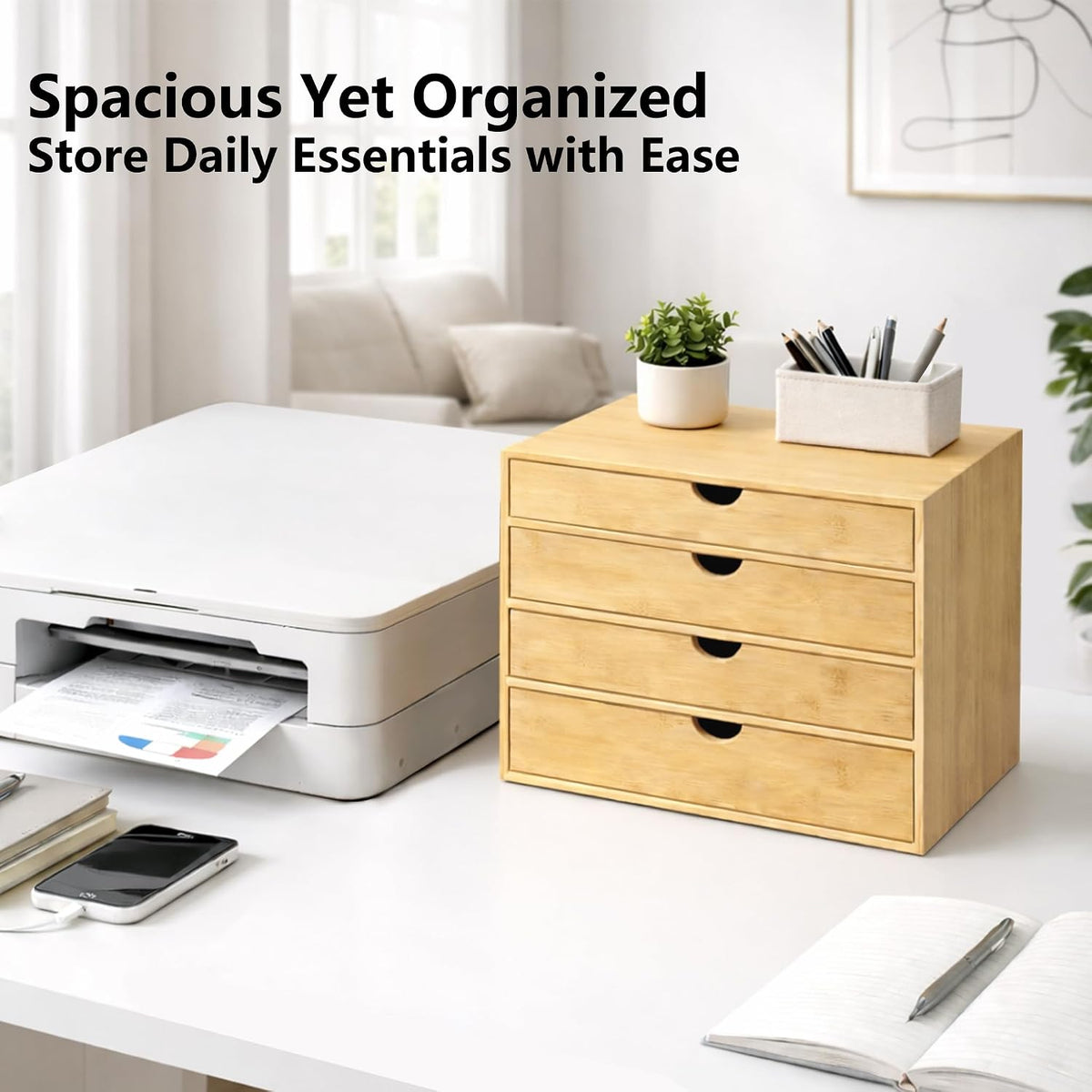 Bamboo Desk Organizer with 2 Drawers, Wooden Countertop Drawers Organizer, Tabletop Storage Organization Box for Office & Home, No Assembly Needed