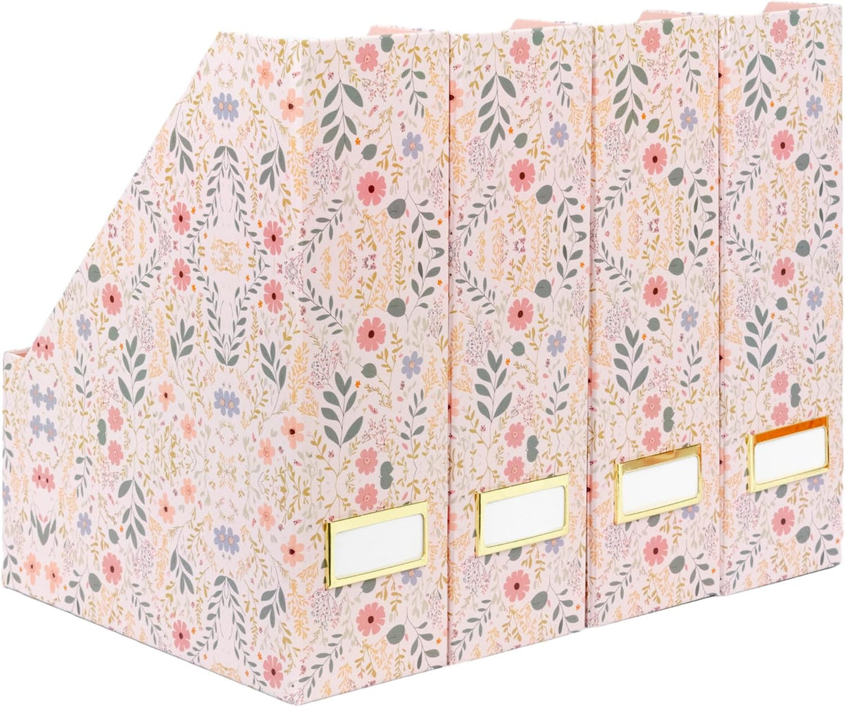 Cardboard Magazine File Holder Set of 4 | Standing File Holder with Floral Boho Design | Foldable Cardboard Bins for Shelves Desk Office Storage