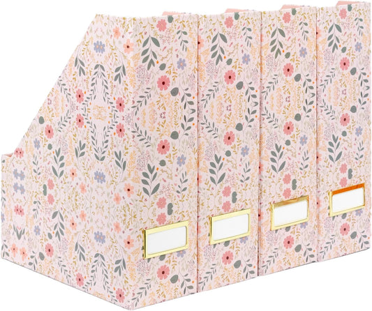Cardboard Magazine File Holder Set of 4 | Standing File Holder with Floral Boho Design | Foldable Cardboard Bins for Shelves Desk Office Storage