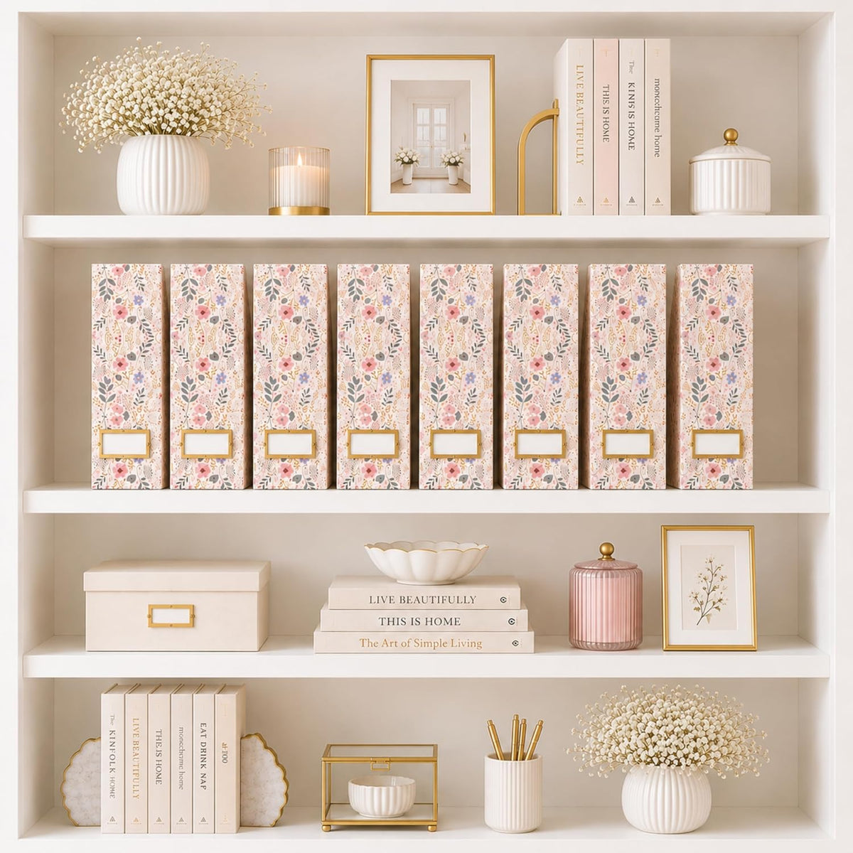 Cardboard Magazine File Holder Set of 4 | Standing File Holder with Floral Boho Design | Foldable Cardboard Bins for Shelves Desk Office Storage