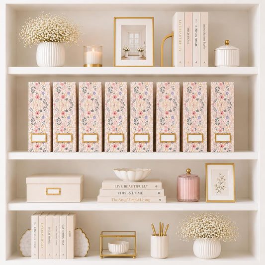 Cardboard Magazine File Holder Set of 4 | Standing File Holder with Floral Boho Design | Foldable Cardboard Bins for Shelves Desk Office Storage