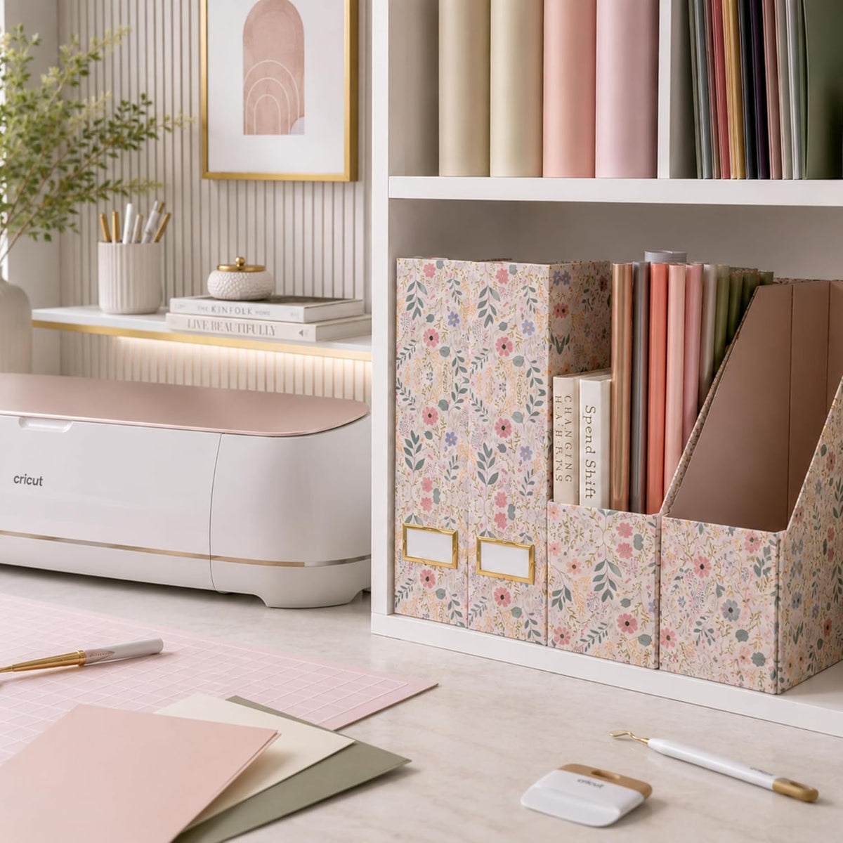 Cardboard Magazine File Holder Set of 4 | Standing File Holder with Floral Boho Design | Foldable Cardboard Bins for Shelves Desk Office Storage