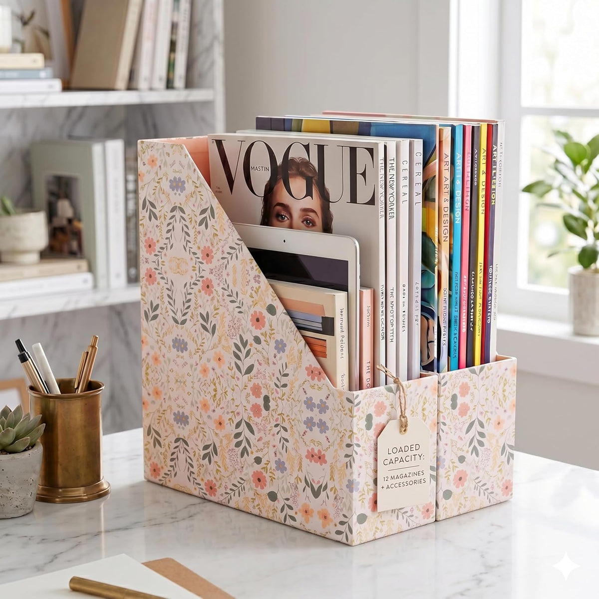 Cardboard Magazine File Holder Set of 4 | Standing File Holder with Floral Boho Design | Foldable Cardboard Bins for Shelves Desk Office Storage