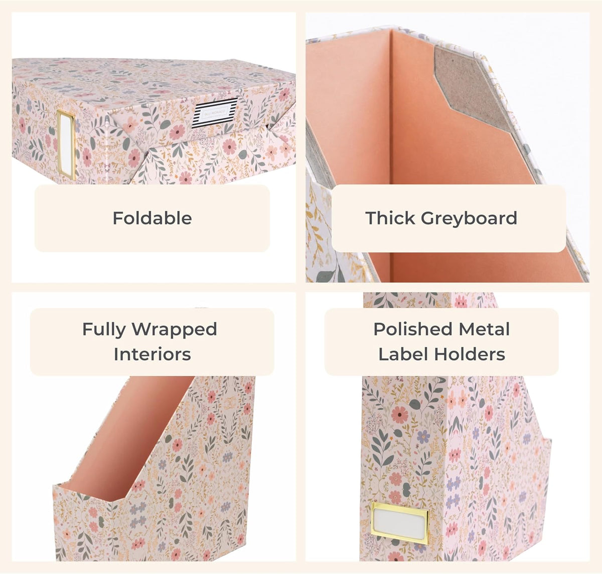Cardboard Magazine File Holder Set of 4 | Standing File Holder with Floral Boho Design | Foldable Cardboard Bins for Shelves Desk Office Storage