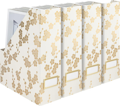 Cardboard Magazine File Holder Set of 4 | Standing File Holder with Floral Boho Design | Foldable Cardboard Bins for Shelves Desk Office Storage