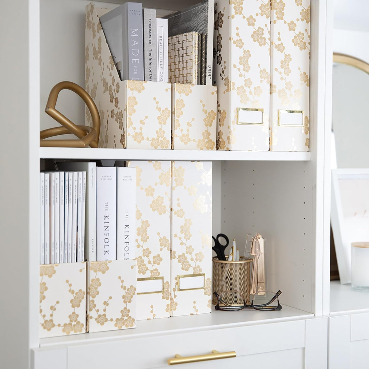 Cardboard Magazine File Holder Set of 4 | Standing File Holder with Floral Boho Design | Foldable Cardboard Bins for Shelves Desk Office Storage
