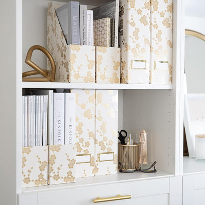 Cardboard Magazine File Holder Set of 4 | Standing File Holder with Floral Boho Design | Foldable Cardboard Bins for Shelves Desk Office Storage