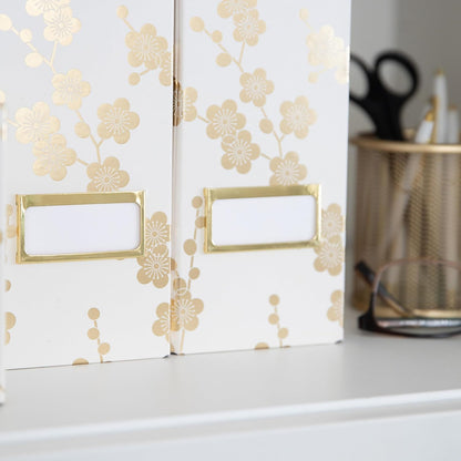 Cardboard Magazine File Holder Set of 4 | Standing File Holder with Floral Boho Design | Foldable Cardboard Bins for Shelves Desk Office Storage