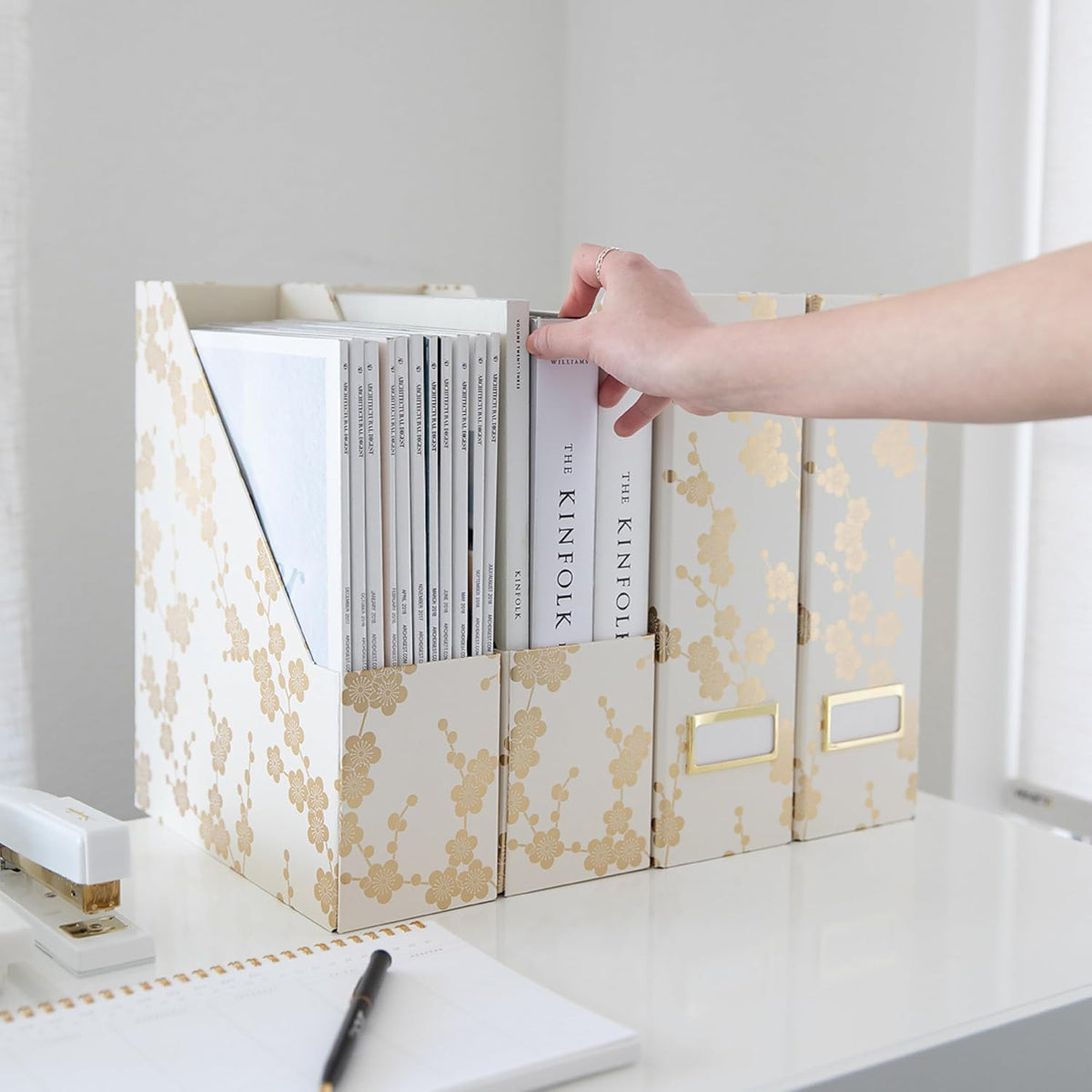 Cardboard Magazine File Holder Set of 4 | Standing File Holder with Floral Boho Design | Foldable Cardboard Bins for Shelves Desk Office Storage