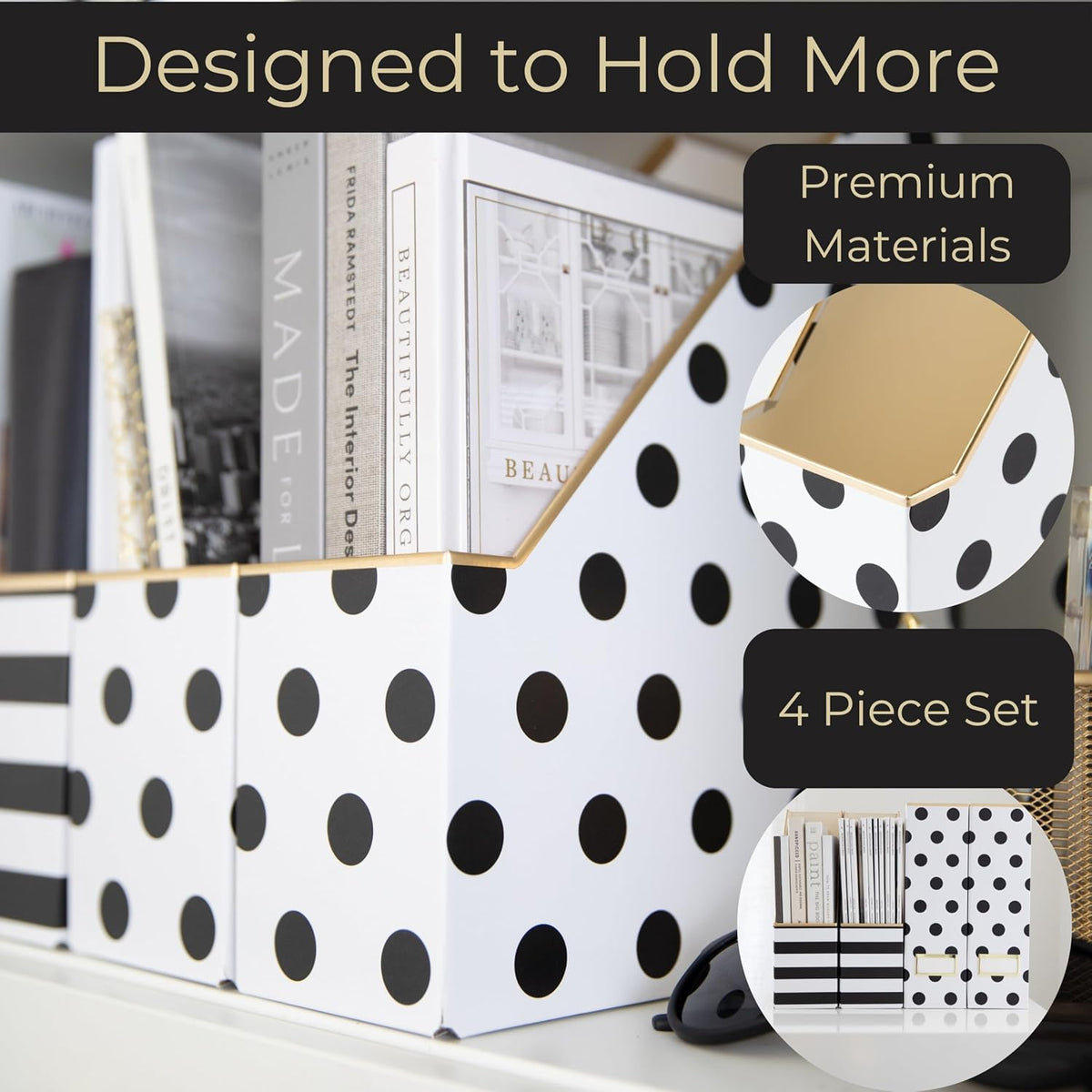 Cardboard Magazine File Holder Set of 4 | Standing File Holder with Floral Boho Design | Foldable Cardboard Bins for Shelves Desk Office Storage