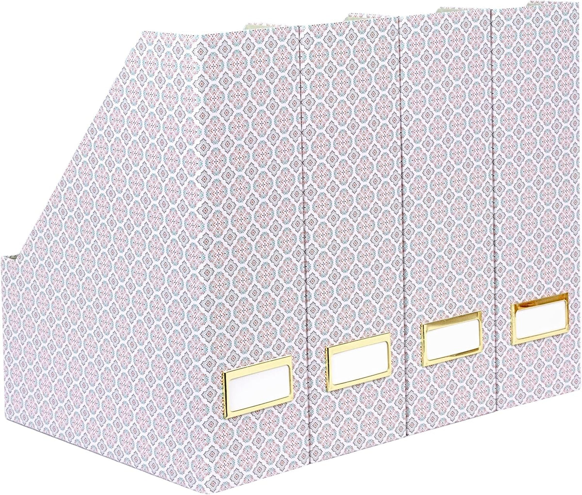 Cardboard Magazine File Holder Set of 4 | Standing File Holder with Floral Boho Design | Foldable Cardboard Bins for Shelves Desk Office Storage
