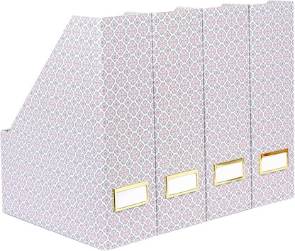 Cardboard Magazine File Holder Set of 4 | Standing File Holder with Floral Boho Design | Foldable Cardboard Bins for Shelves Desk Office Storage