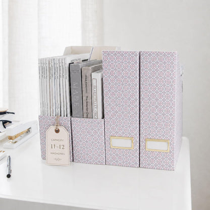 Cardboard Magazine File Holder Set of 4 | Standing File Holder with Floral Boho Design | Foldable Cardboard Bins for Shelves Desk Office Storage
