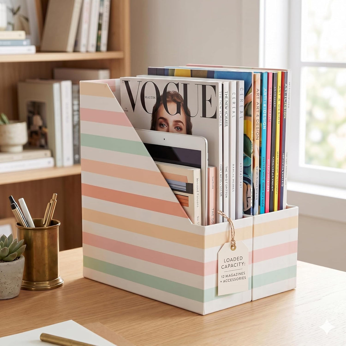 Cardboard Magazine File Holder Set of 4 | Standing File Holder with Floral Boho Design | Foldable Cardboard Bins for Shelves Desk Office Storage