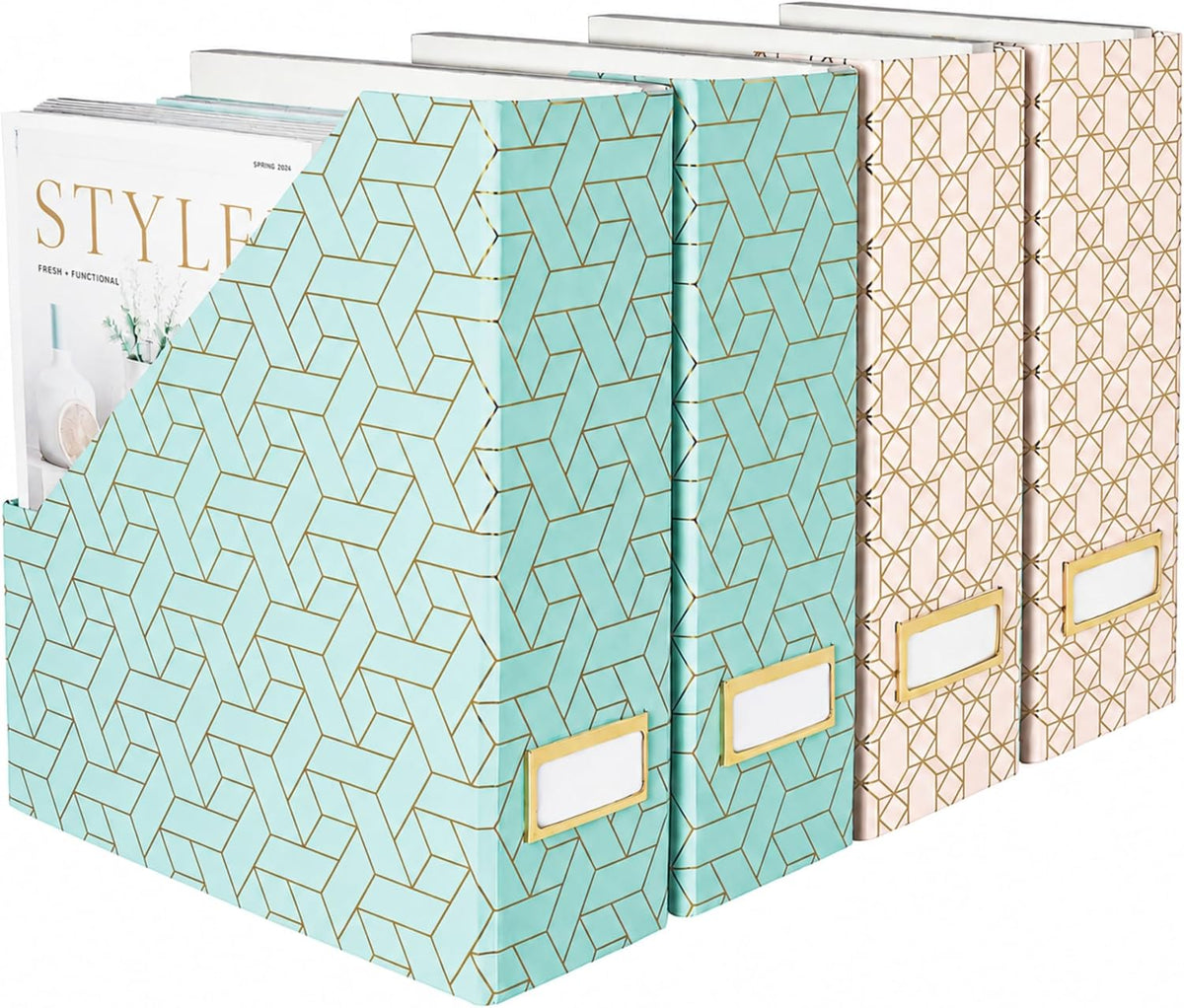 Cardboard Magazine File Holder Set of 4 | Standing File Holder with Floral Boho Design | Foldable Cardboard Bins for Shelves Desk Office Storage