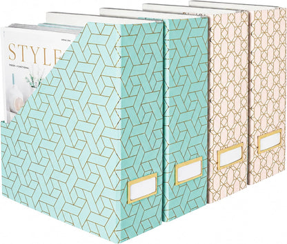 Cardboard Magazine File Holder Set of 4 | Standing File Holder with Floral Boho Design | Foldable Cardboard Bins for Shelves Desk Office Storage