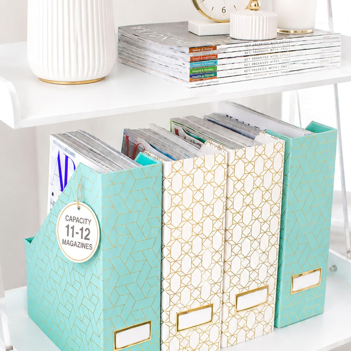 Cardboard Magazine File Holder Set of 4 | Standing File Holder with Floral Boho Design | Foldable Cardboard Bins for Shelves Desk Office Storage