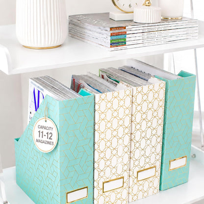 Cardboard Magazine File Holder Set of 4 | Standing File Holder with Floral Boho Design | Foldable Cardboard Bins for Shelves Desk Office Storage