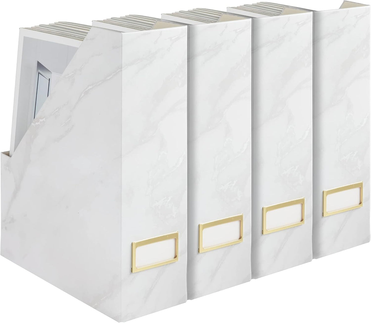 Cardboard Magazine File Holder Set of 4 | Standing File Holder with Floral Boho Design | Foldable Cardboard Bins for Shelves Desk Office Storage