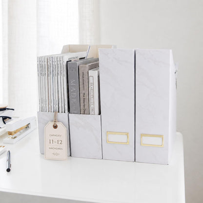 Cardboard Magazine File Holder Set of 4 | Standing File Holder with Floral Boho Design | Foldable Cardboard Bins for Shelves Desk Office Storage