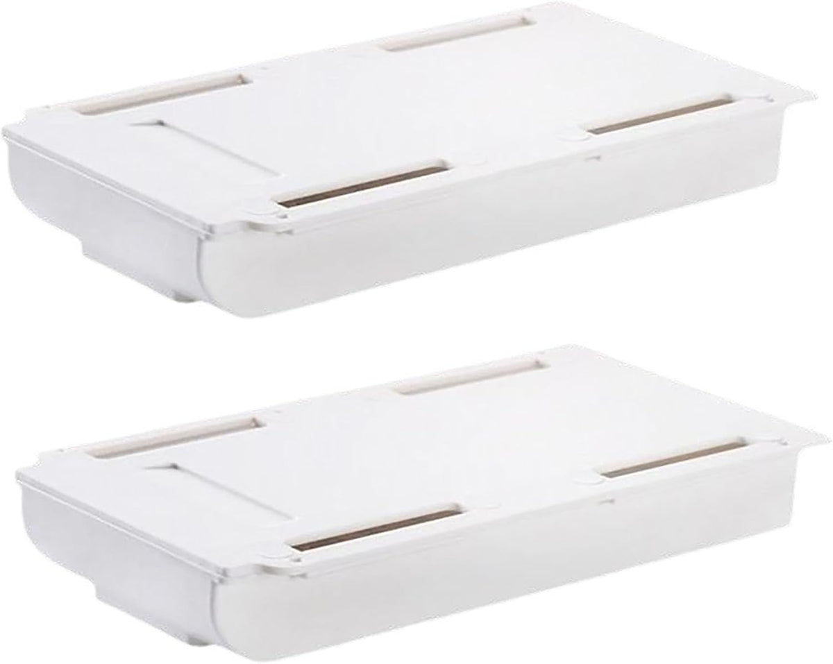 Under Desktop Drawer Storage Box, 2 Pcs 8.7 Inch x 4.3 Inch x 1.37 Inch White Plastic for Home and Office Storage (Small)