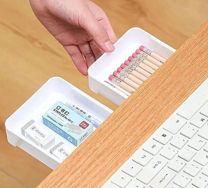 Under Desktop Drawer Storage Box, 2 Pcs 8.7 Inch x 4.3 Inch x 1.37 Inch White Plastic for Home and Office Storage (Small)