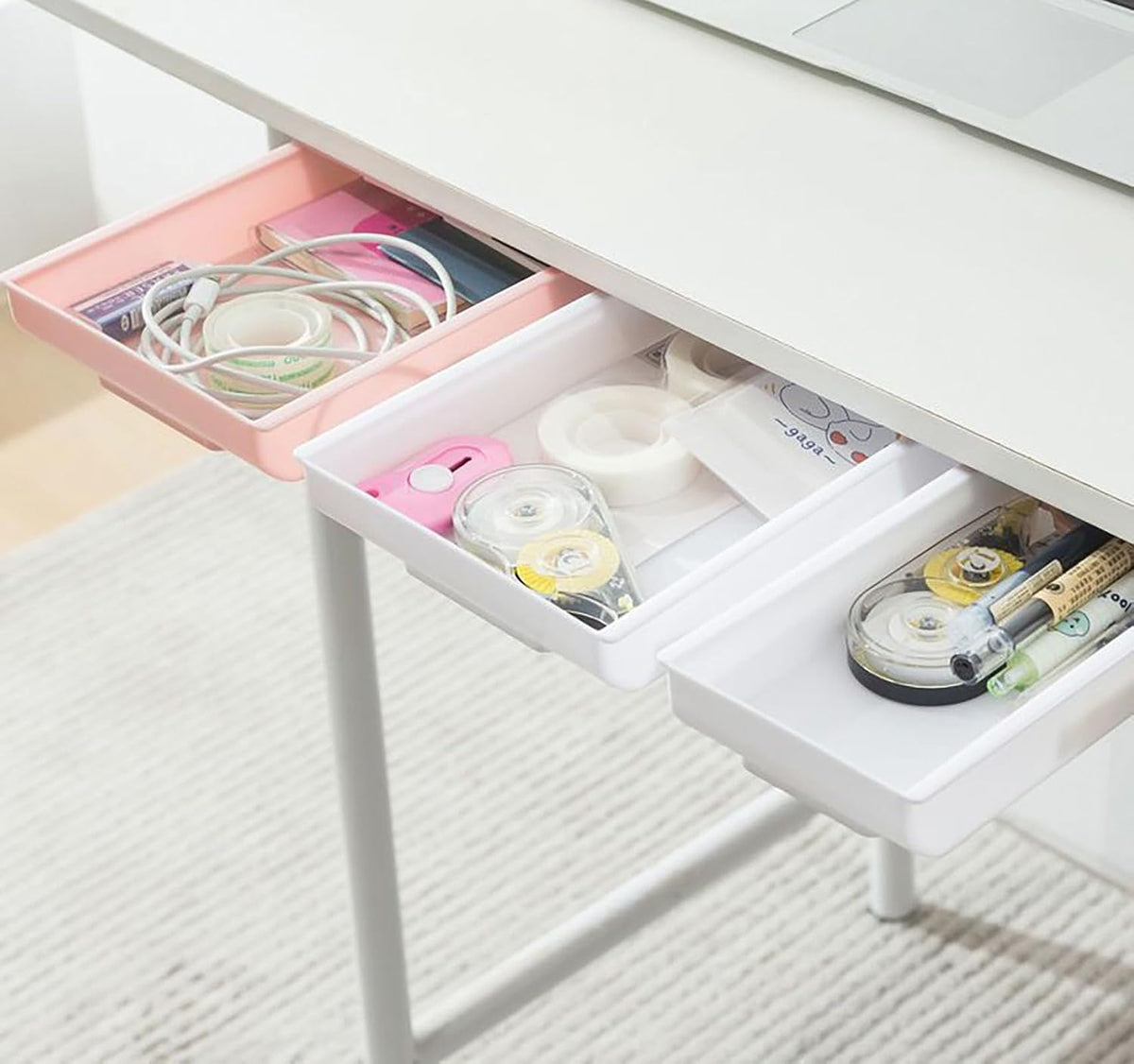 Under Desktop Drawer Storage Box, 2 Pcs 8.7 Inch x 4.3 Inch x 1.37 Inch White Plastic for Home and Office Storage (Small)
