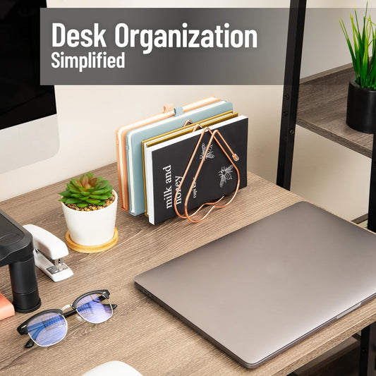 Heart-Shaped Desktop File Organizer, 5-Slot Metal Folder Rack, Magazine & Book Holder, Rose Gold