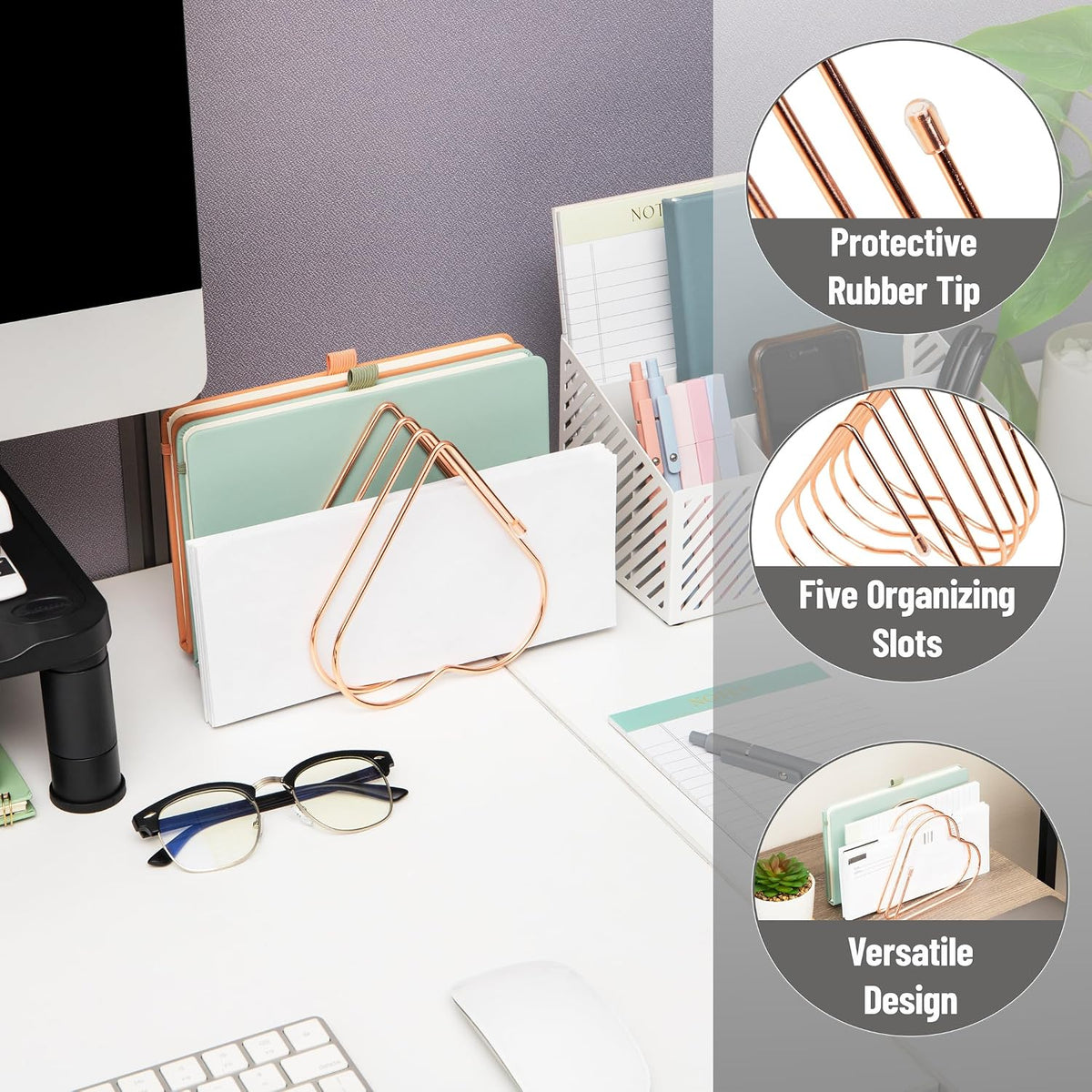 Heart-Shaped Desktop File Organizer, 5-Slot Metal Folder Rack, Magazine & Book Holder, Rose Gold