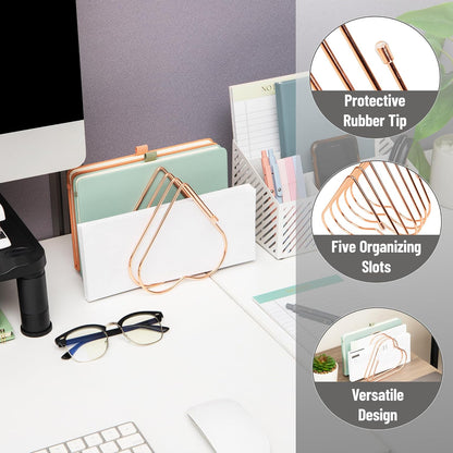 Heart-Shaped Desktop File Organizer, 5-Slot Metal Folder Rack, Magazine & Book Holder, Rose Gold
