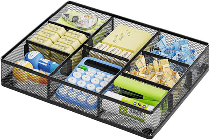 Desk Drawer Organizer, Metal Mesh Drawer Organizer Tray with 5 Adjustable Compartments,Desk Organizers and Accessories for Home,Office,Kitchen,Makeup,Vanity (Black)