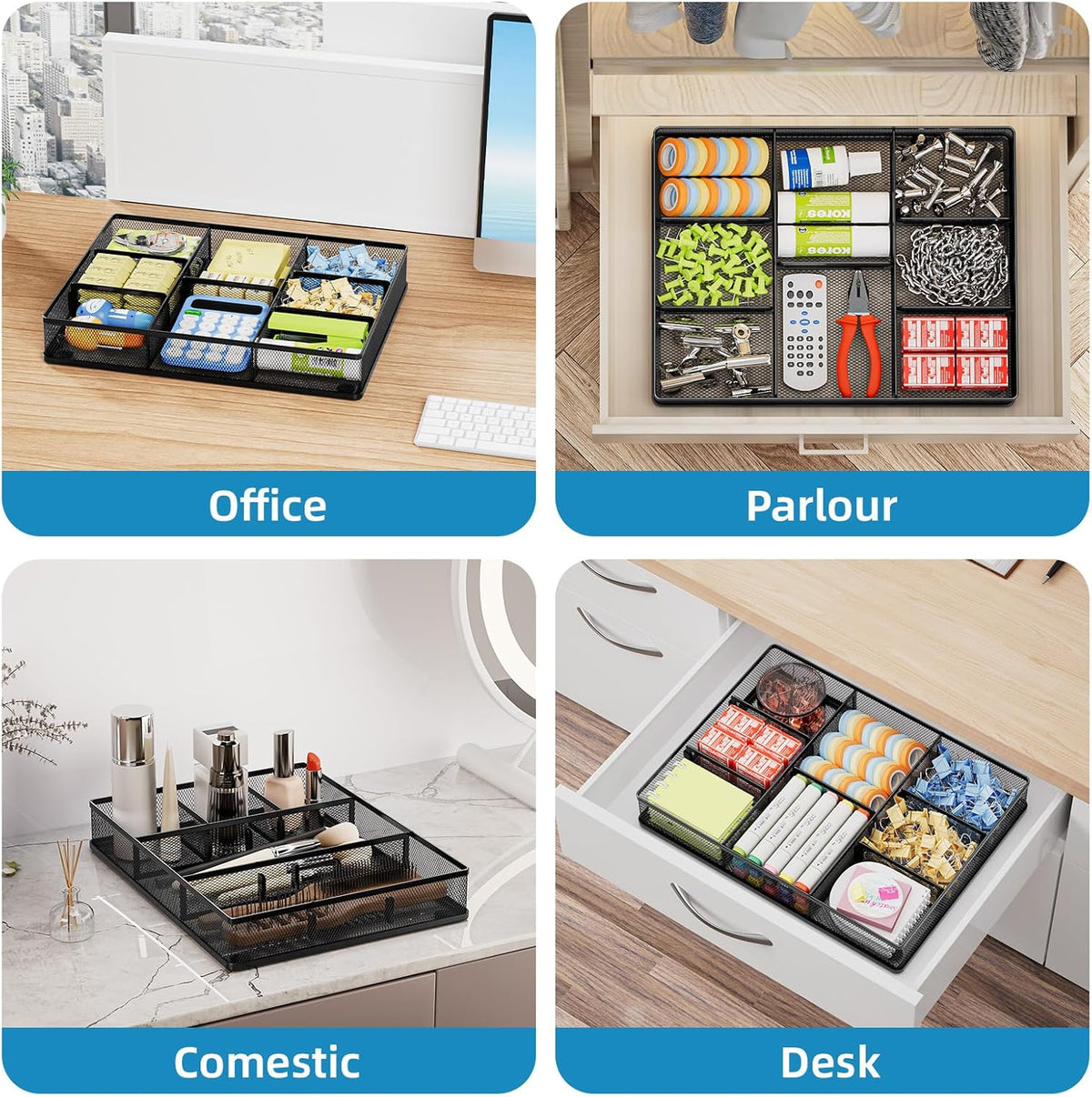 Desk Drawer Organizer, Metal Mesh Drawer Organizer Tray with 5 Adjustable Compartments,Desk Organizers and Accessories for Home,Office,Kitchen,Makeup,Vanity (Black)