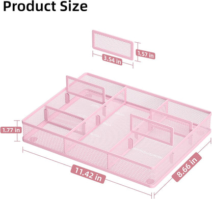 Desk Drawer Organizer, Metal Mesh Drawer Organizer Tray with 5 Adjustable Compartments,Desk Organizers and Accessories for Home,Office,Kitchen,Makeup,Vanity (Black)