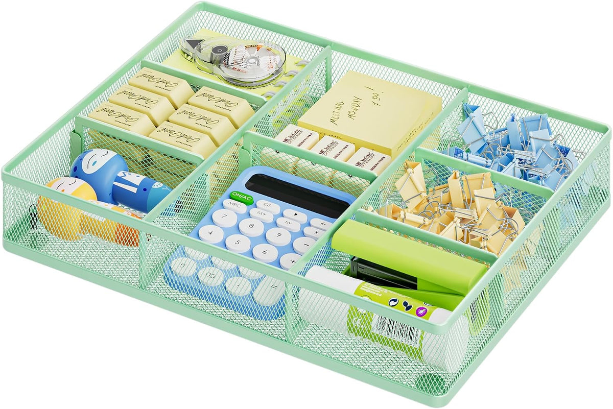Desk Drawer Organizer, Metal Mesh Drawer Organizer Tray with 5 Adjustable Compartments,Desk Organizers and Accessories for Home,Office,Kitchen,Makeup,Vanity (Black)