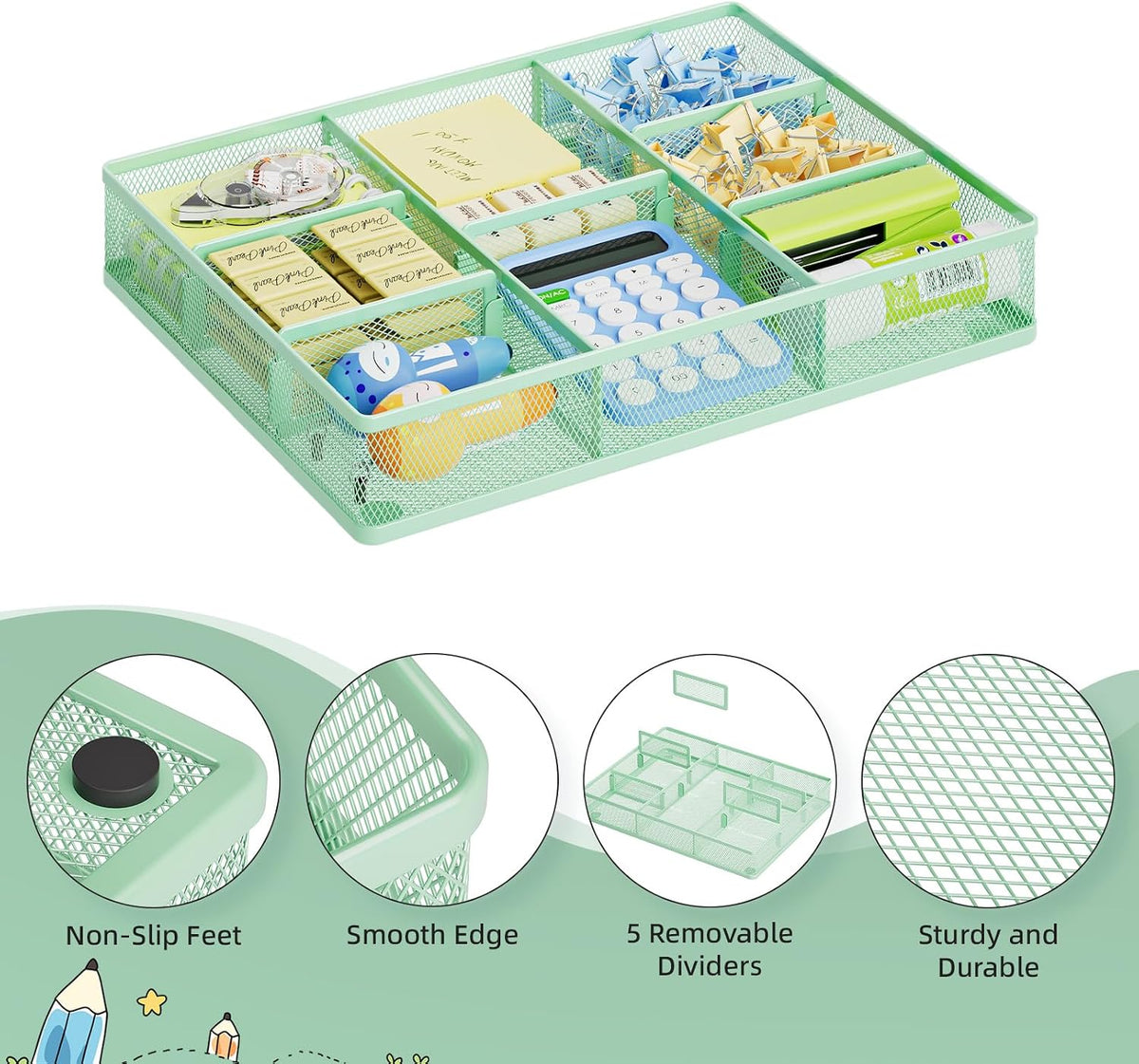 Desk Drawer Organizer, Metal Mesh Drawer Organizer Tray with 5 Adjustable Compartments,Desk Organizers and Accessories for Home,Office,Kitchen,Makeup,Vanity (Black)
