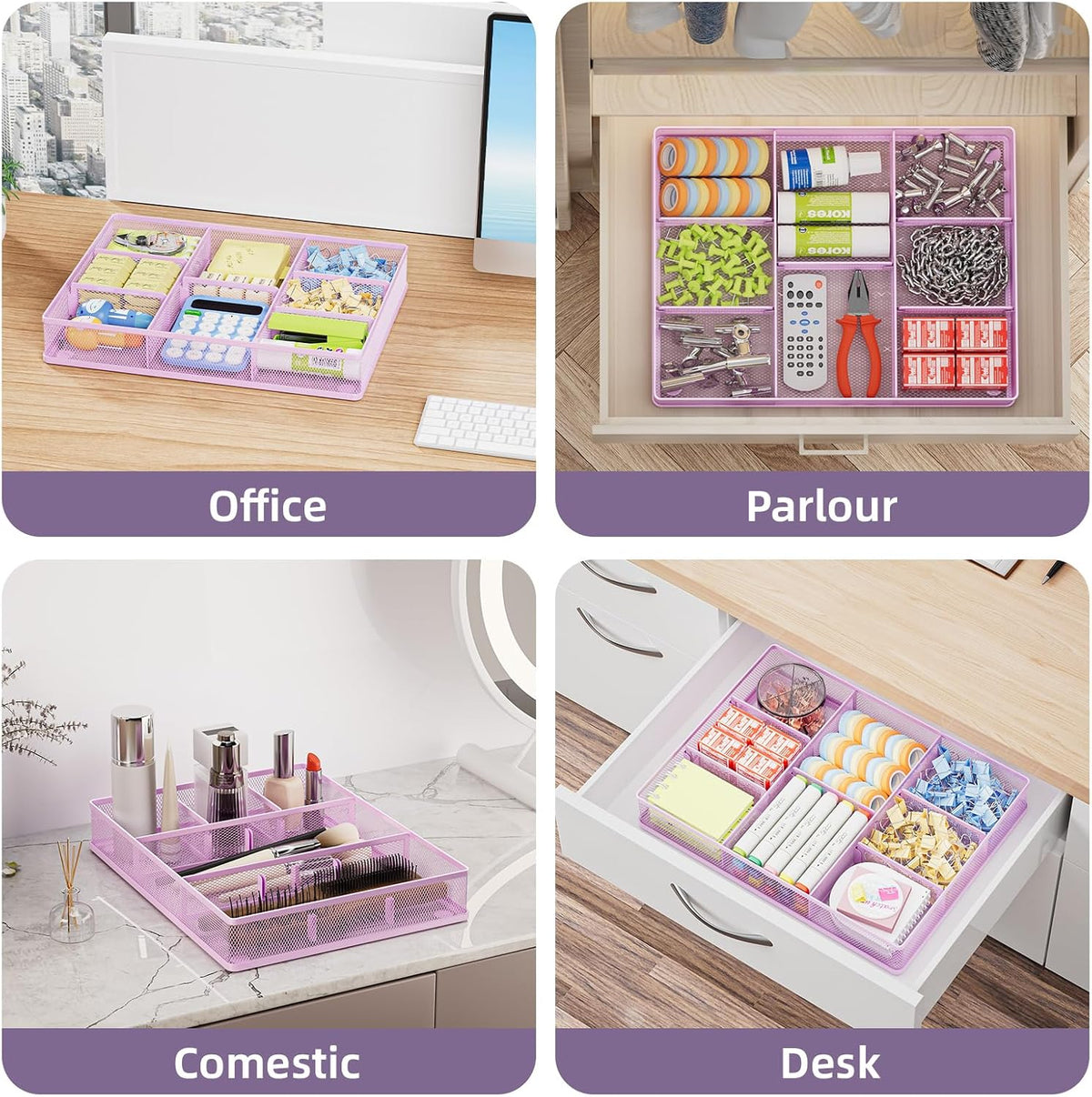 Desk Drawer Organizer, Metal Mesh Drawer Organizer Tray with 5 Adjustable Compartments,Desk Organizers and Accessories for Home,Office,Kitchen,Makeup,Vanity (Black)