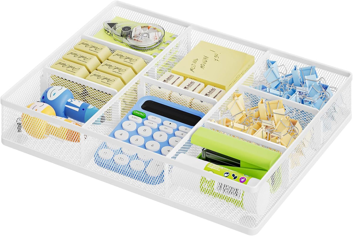 Desk Drawer Organizer, Metal Mesh Drawer Organizer Tray with 5 Adjustable Compartments,Desk Organizers and Accessories for Home,Office,Kitchen,Makeup,Vanity (Black)