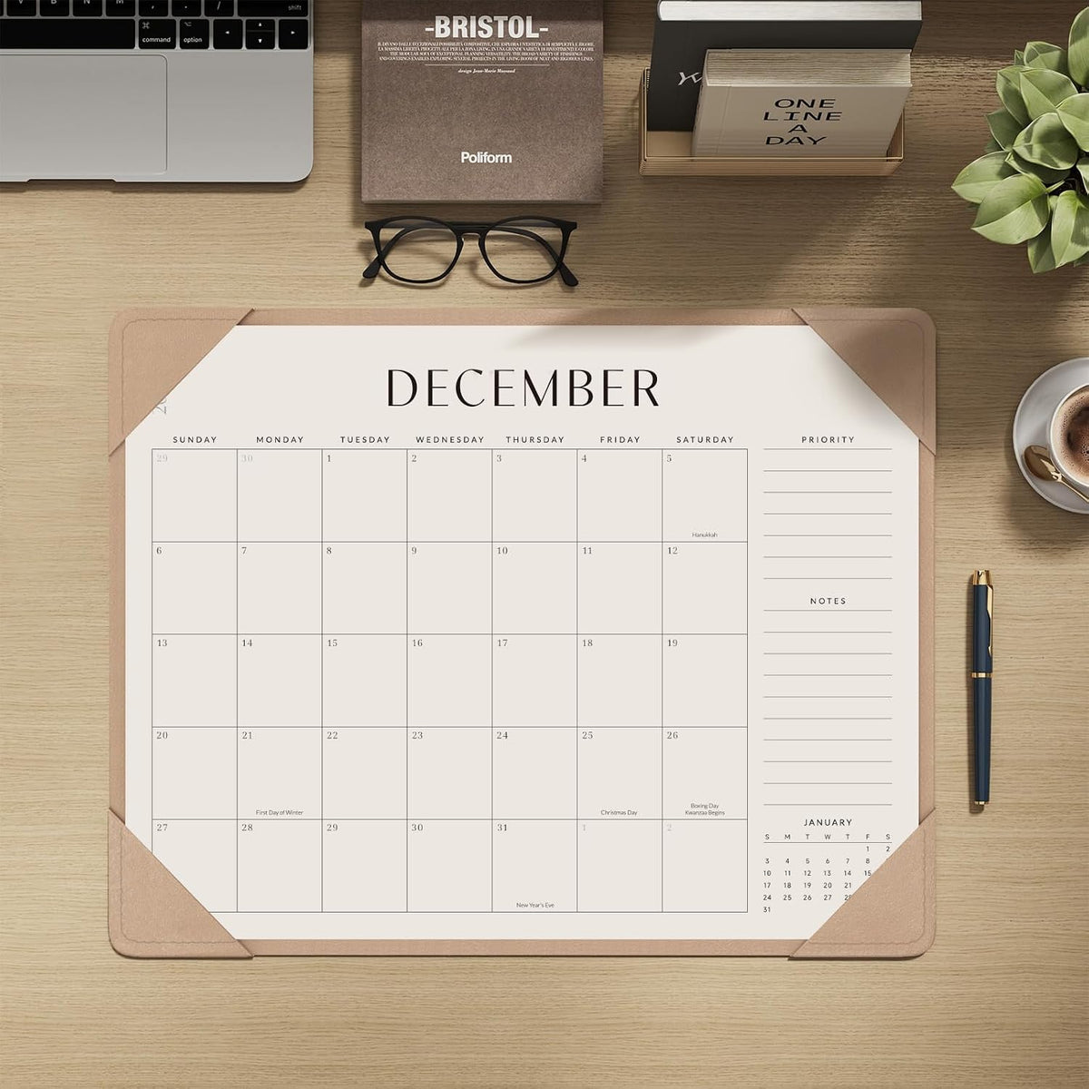 Desk Calendar 2026-2027 with Protective Mat 14"x10.5"