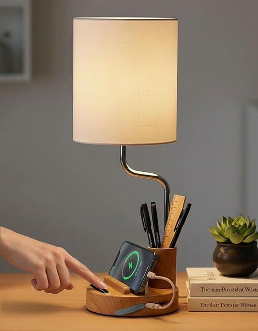 Round Fabric Shade Cordless Table Lamp with Slide Dimmer, 8000mAh Rechargeable Battery & Power Indicator, 3 Color Modes, USB Reverse Charging, Built-in Phone Stand & Pen Holder, Touch Control