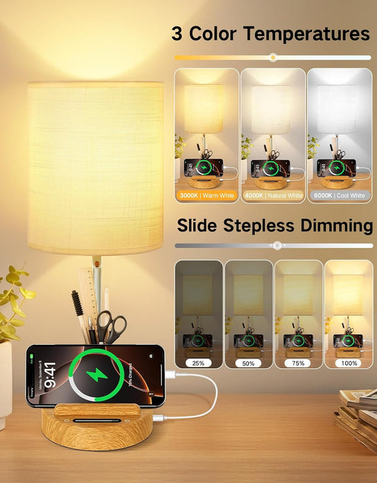 Round Fabric Shade Cordless Table Lamp with Slide Dimmer, 8000mAh Rechargeable Battery & Power Indicator, 3 Color Modes, USB Reverse Charging, Built-in Phone Stand & Pen Holder, Touch Control
