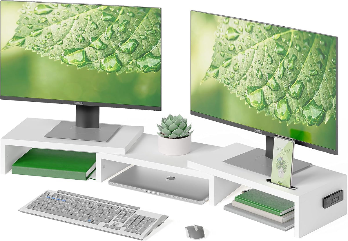 Dual Monitor Stand Riser, Adjustable Length & Swivel Angle, White