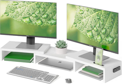Dual Monitor Stand Riser, Adjustable Length & Swivel Angle, White
