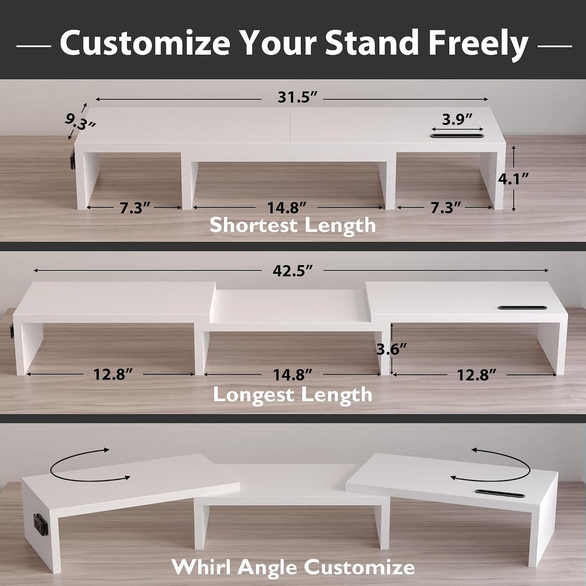 Dual Monitor Stand Riser, Adjustable Length & Swivel Angle, White