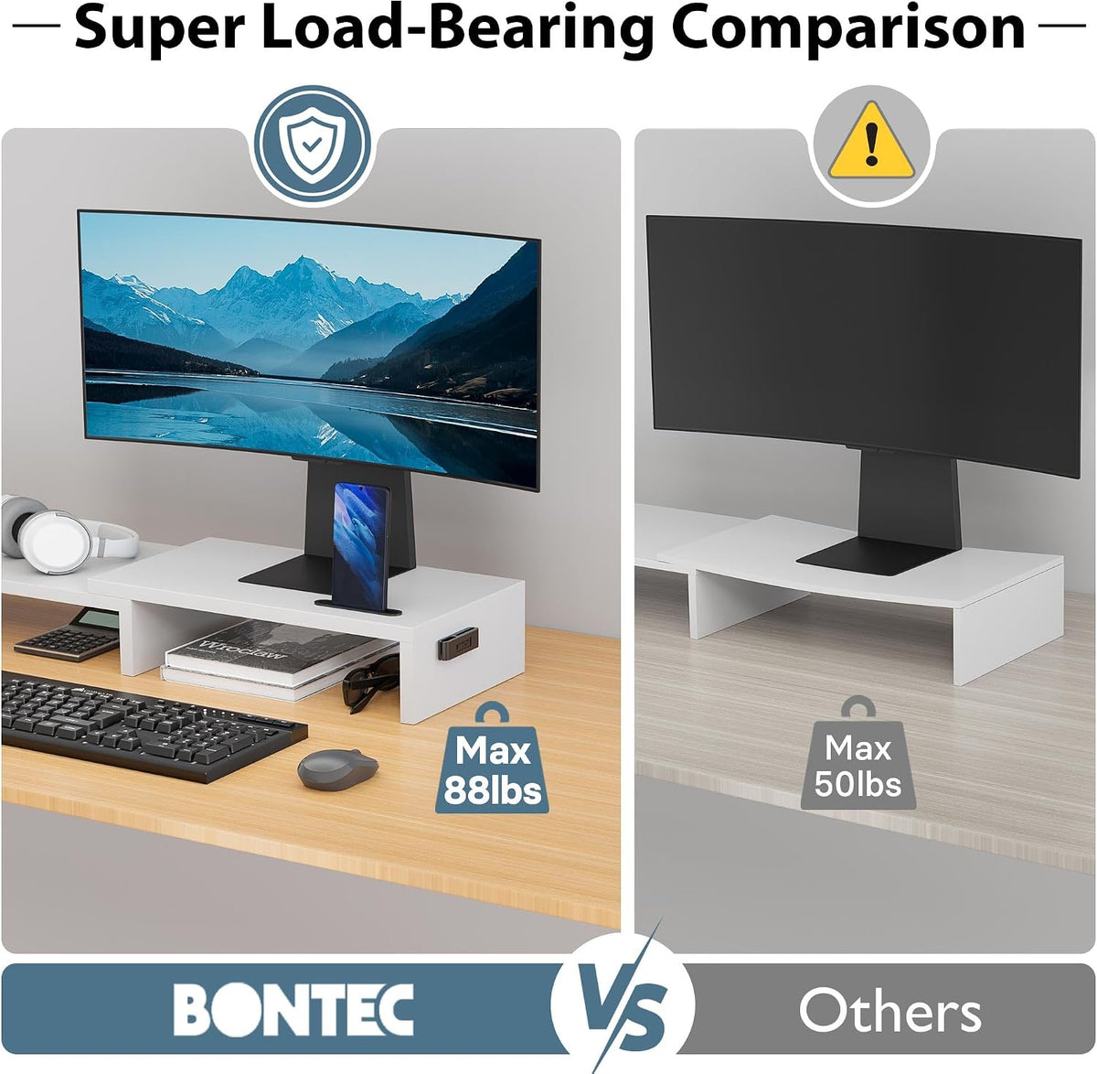 Dual Monitor Stand Riser, Adjustable Length & Swivel Angle, White
