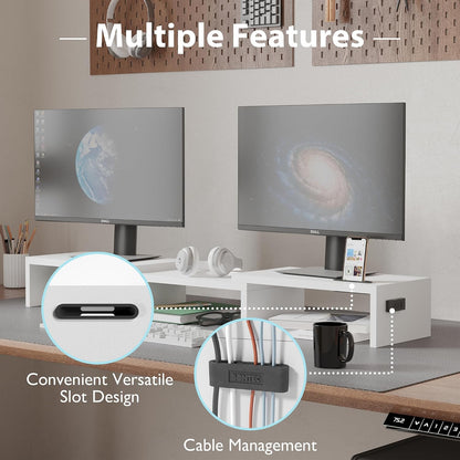 Dual Monitor Stand Riser, Adjustable Length & Swivel Angle, White