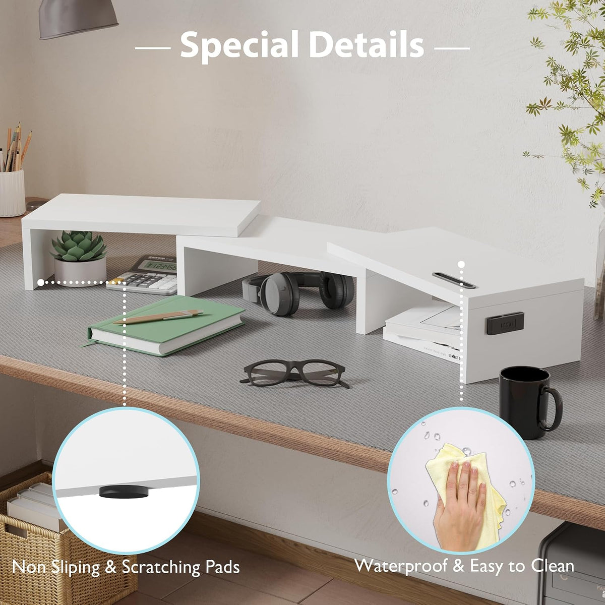 Dual Monitor Stand Riser, Adjustable Length & Swivel Angle, White